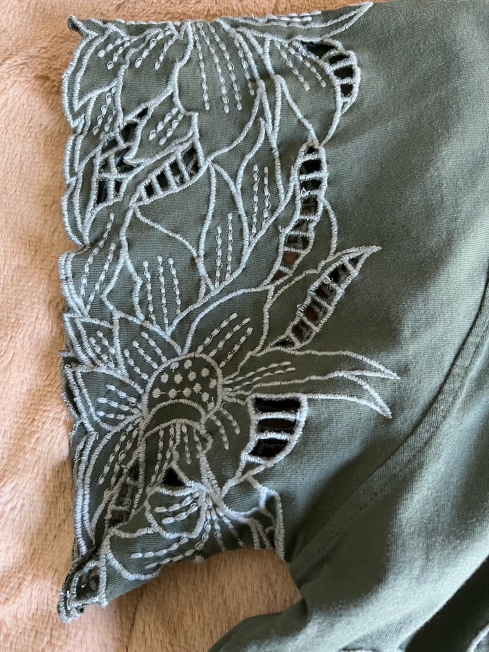 Anthropologie Olive Green Embroidered Cutwork Short Sleeve Top - Picture 4 of 8